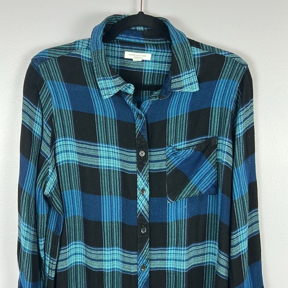 Beach lunch lounge Plaid Flannel Long Sleeve Button Down Shirt 1X Blue - Picture 3 of 12